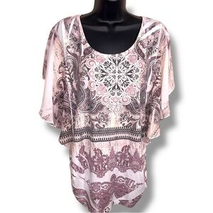 XL Espresso Brand Top Boho White Pink Geometric Flutter Sleeve Bohemian